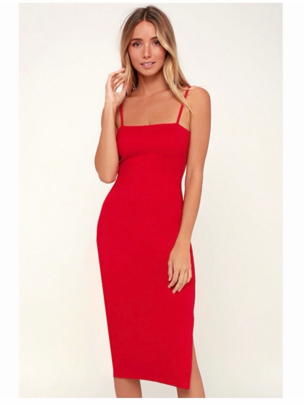 Lulus Paulina Red Bodycon Midi Dress Sz XS Sexy Stretch Summer Wedding Evening